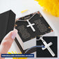 A personalized cross necklace on a to gorgeous wife greeting card angled left with a flower.