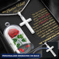 personalized cross on snake chain necklace in soft box angled left