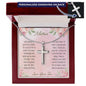 A personalized cross necklace in a mahogany box.
