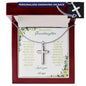 Personalized Cross Necklace with a polished stainless-steel cross and a to granddaughter greeting card in a mahogany box with a white background