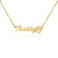 pet name paw print necklace with gold variant on white background