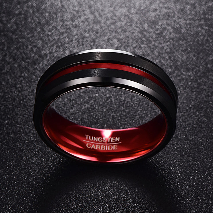Men's 8mm Black Red Tungsten Carbide Ring Matte Finish Beveled Edges angle 3