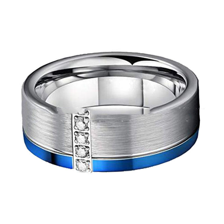 Carbide Tungsten Ring's Cobalt Blue Brushed with white zircons angle 3