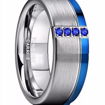 Carbide Tungsten Ring's Cobalt Blue Brushed with 4 blue zircons