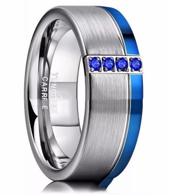 Carbide Tungsten Ring's Cobalt Blue Brushed with 4 blue zircons