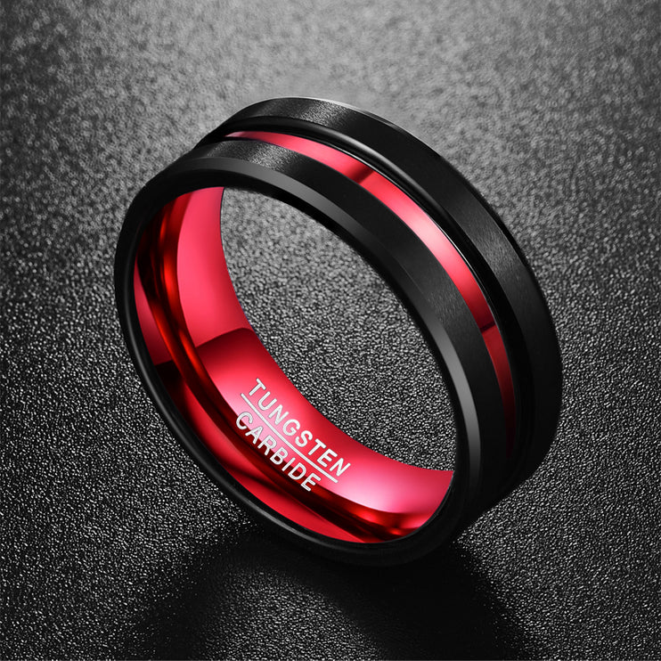 Men's 8mm Black Red Tungsten Carbide Ring Matte Finish Beveled Edges angle 1