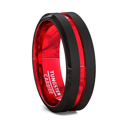 Men's 8mm Black Red Tungsten Carbide Ring Matte Finish Beveled Edges angle 6