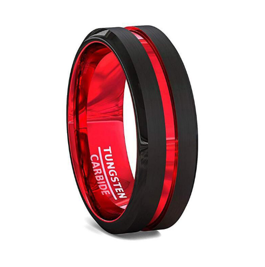 Men's 8mm Black Red Tungsten Carbide Ring Matte Finish Beveled Edges angle 6