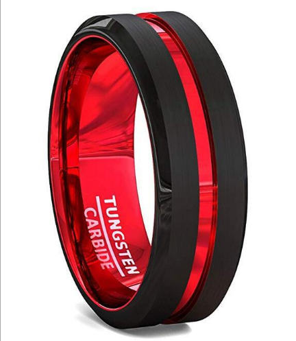 Men's 8mm Black Red Tungsten Carbide Ring Matte Finish Beveled Edges angle 4