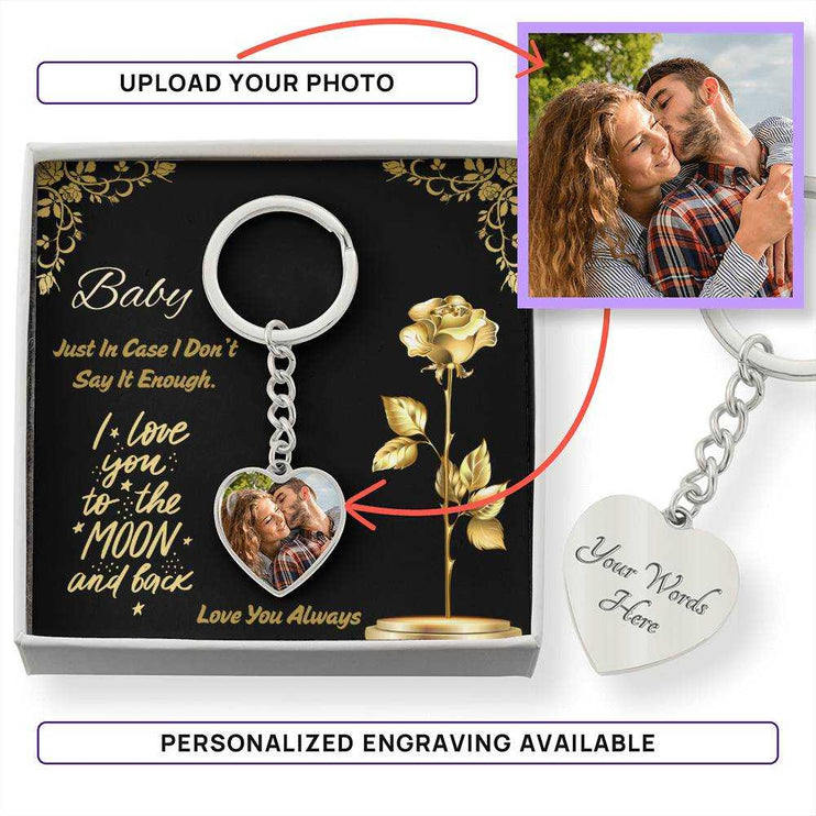 stainless-steel photo heart keychain in soft box showing options