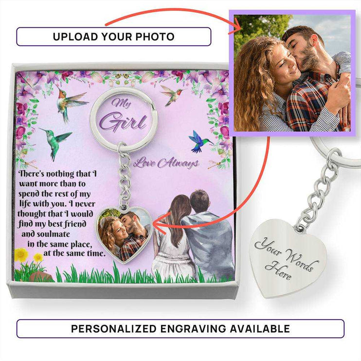 stainless-steel photo heart keychain in soft box