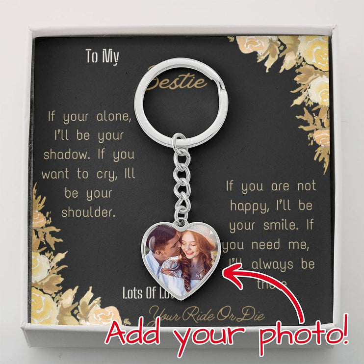 Photo Upload Personalized Heart Pendant Keychain with Silver Variation and message Card