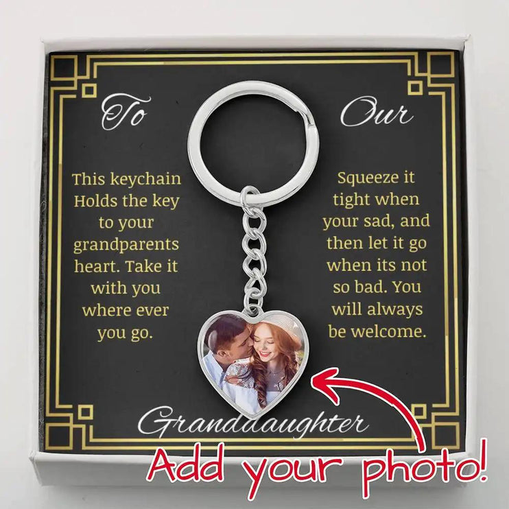 Photo Heart Pendant Keychain with a polished stainless-steel finish in a two-tone box with a to granddaughter greeting card in box