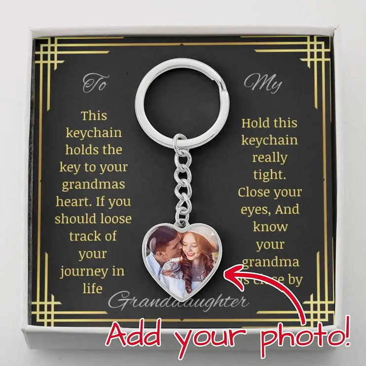 Photo Heart Pendant Keychain with polished stainless-steel finish with a to granddaughter from grandpa greeting card inside a two-tone box