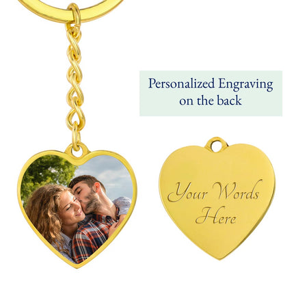 A yellow gold finish photo upload personalized heart pendant keychain showing the engraving feature.