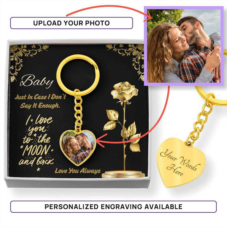 18k gold photo heart keychain in soft box showing options