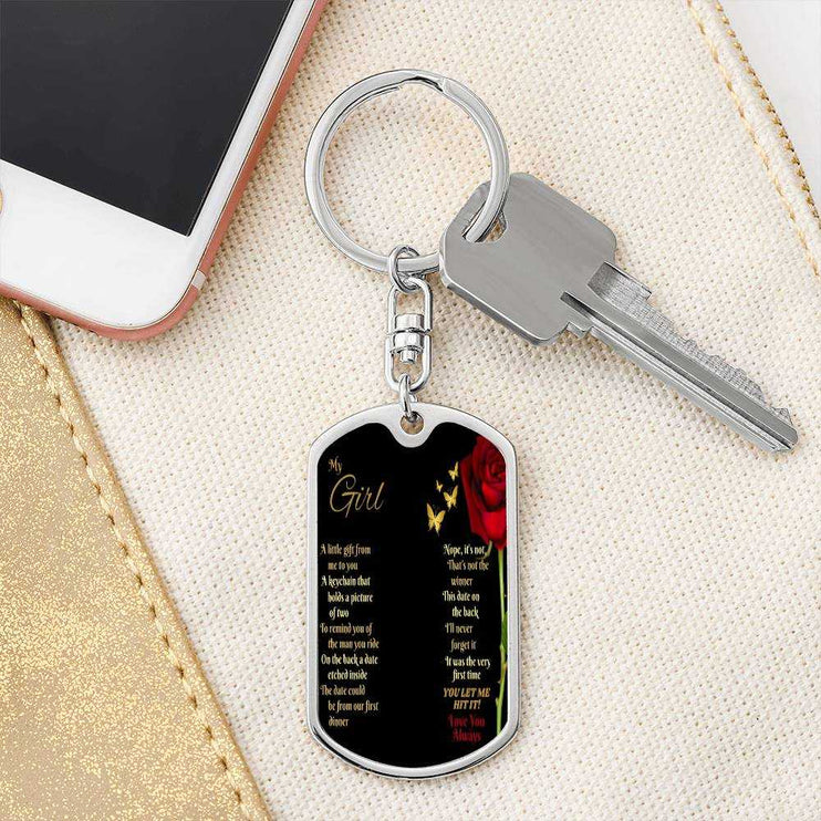 stainless-steel photo dog tag keychain with a key on it