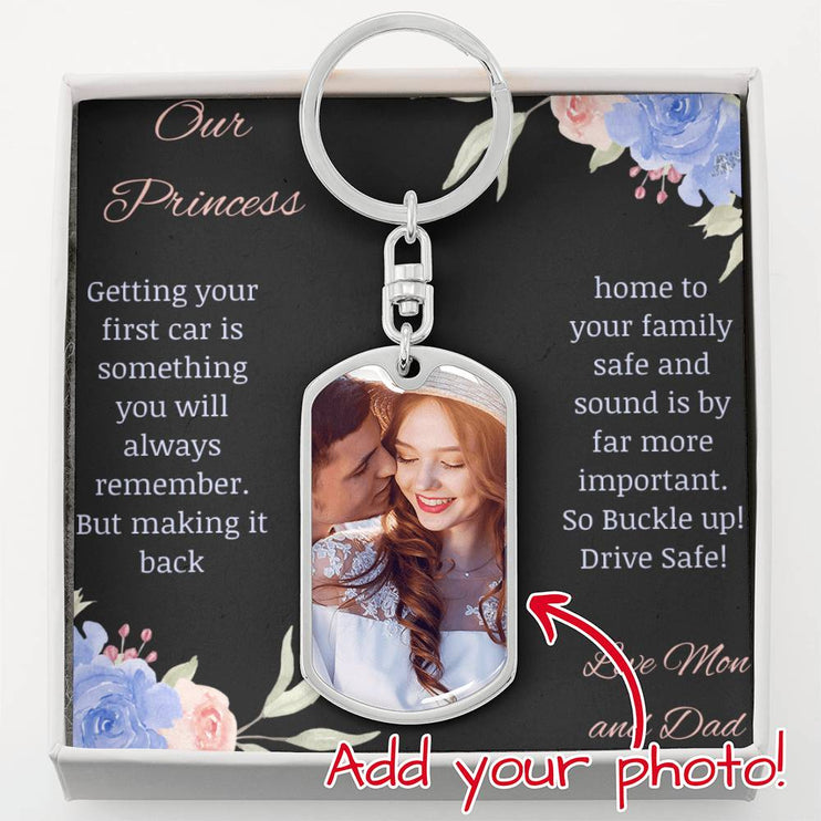 photo upload personalized dog tag swivel keychain silver variation showing and to princess message card