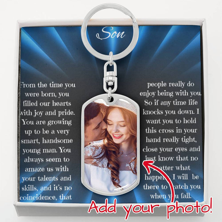 Photo Upload Dog Tag Swivel Keychain with polished stainless steel and in two-tone box