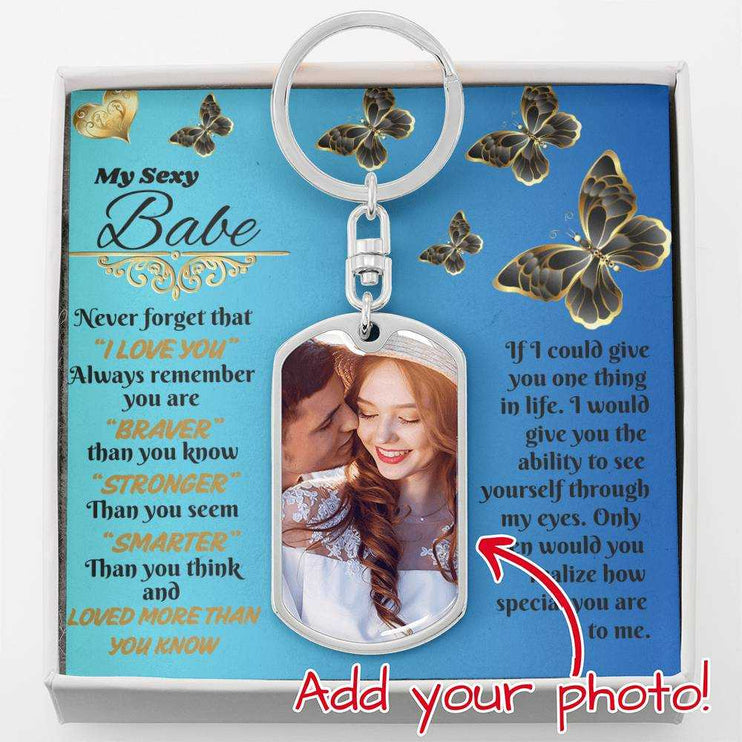 stainless-steel photo dog tag keychain in soft box up close