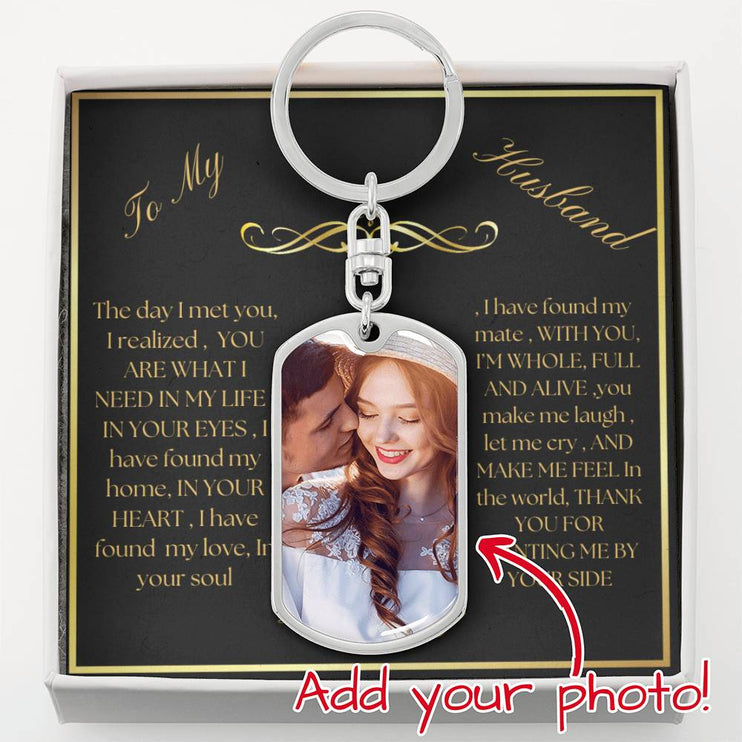photo upload personalized dog tag swivel keychain with silver variation and to husband message card
