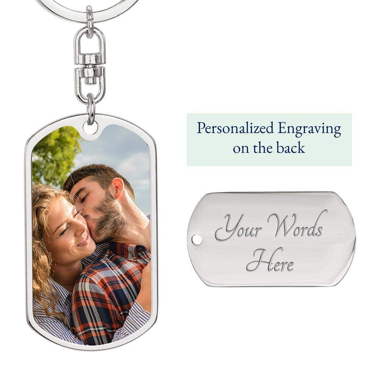 A polished stainless-steel photo upload dog tag swivel keychain showing the engraving options on the back