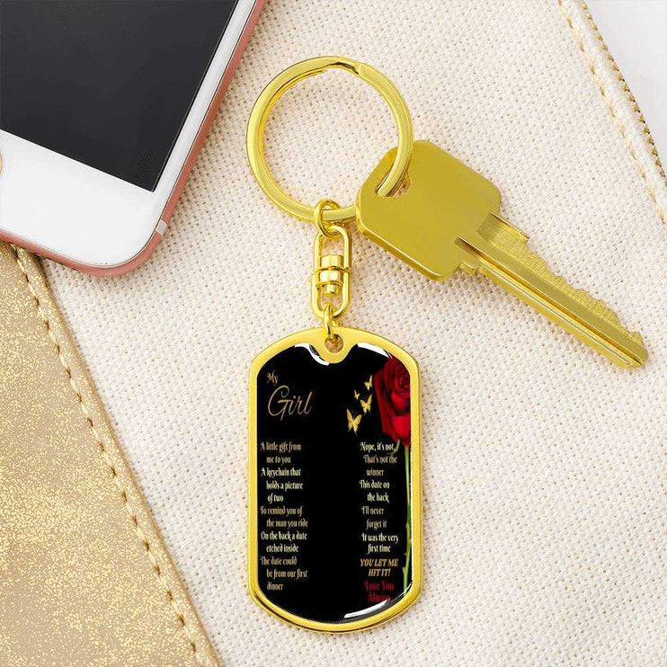 18k gold photo dog tag keychain with a key on it