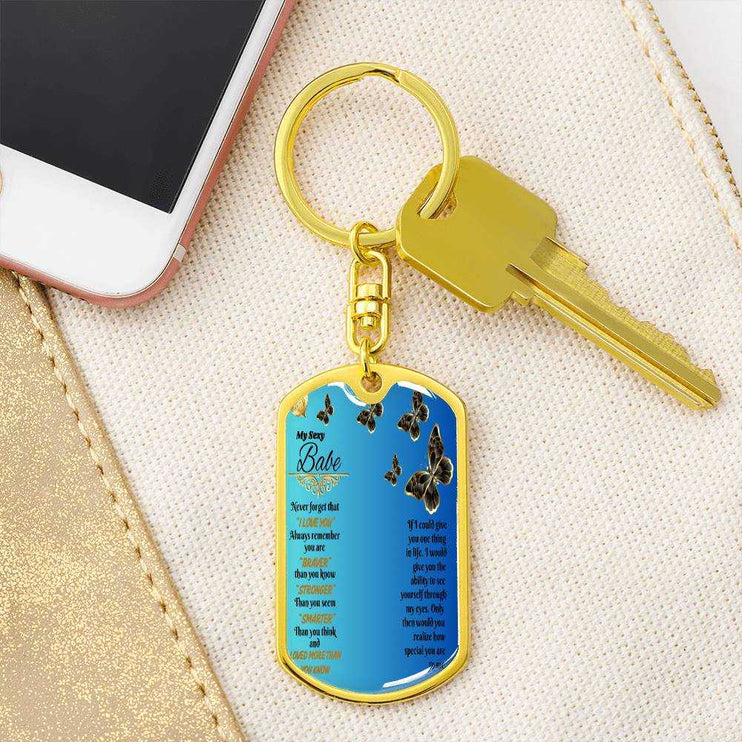 18k gold photo dog tag keychain on a key