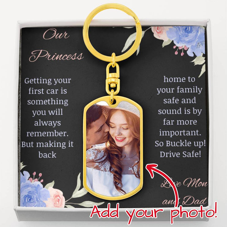 photo upload personalized dog tag swivel keychain gold variation with to princess message card