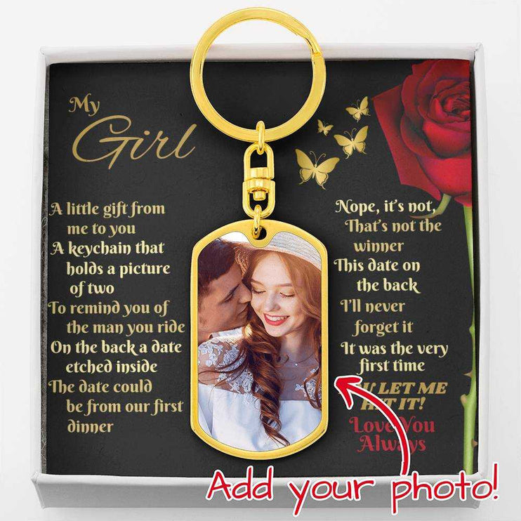 18k gold photo dog tag keychain in soft box up close