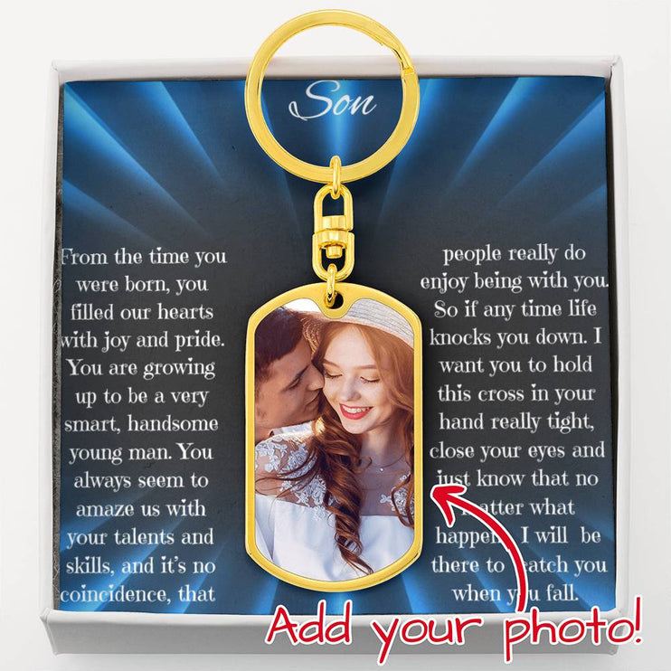 Photo Upload Dog Tag Swivel Keychain with yellow gold finish and in two-tone box