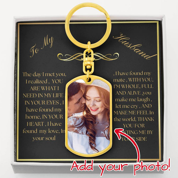 photo upload personalized dog tag swivel keychain with gold variation with to husband message card