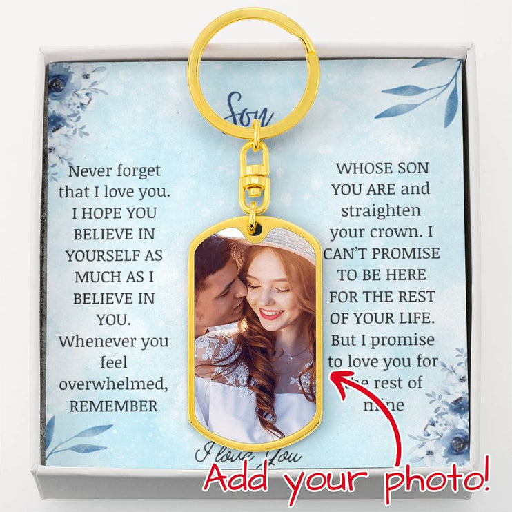 Photo Upload Dog Tag Swivel Keychain in yellow gold finish and with two-tone box