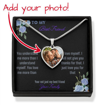 a polished stainless steel photo upload personalized heart pendant necklace showing engraving option.