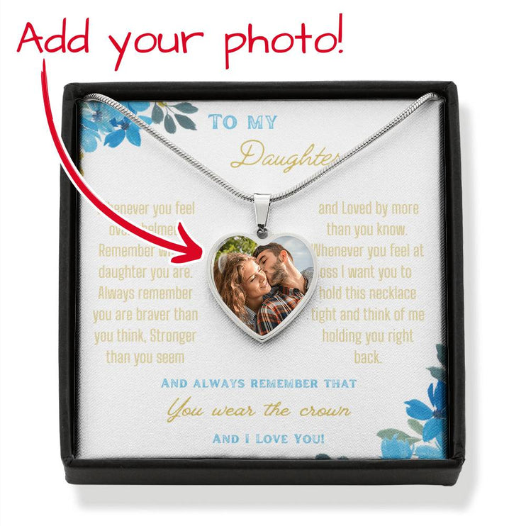 a polished stainless-steel photo upload personalized heart pendant necklace in a two-tone box