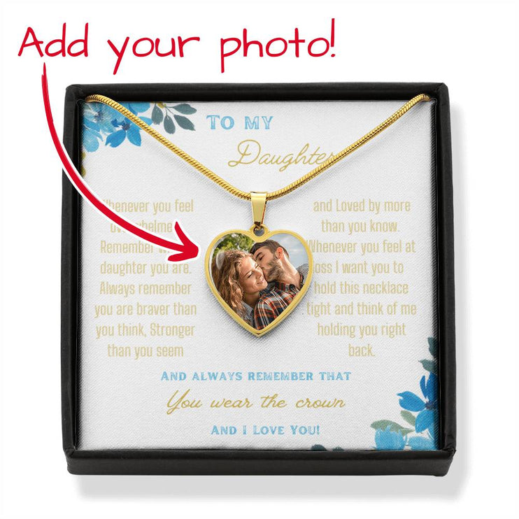 a yellow gold photo upload personalized heart pendant necklace up close in a two-tone box