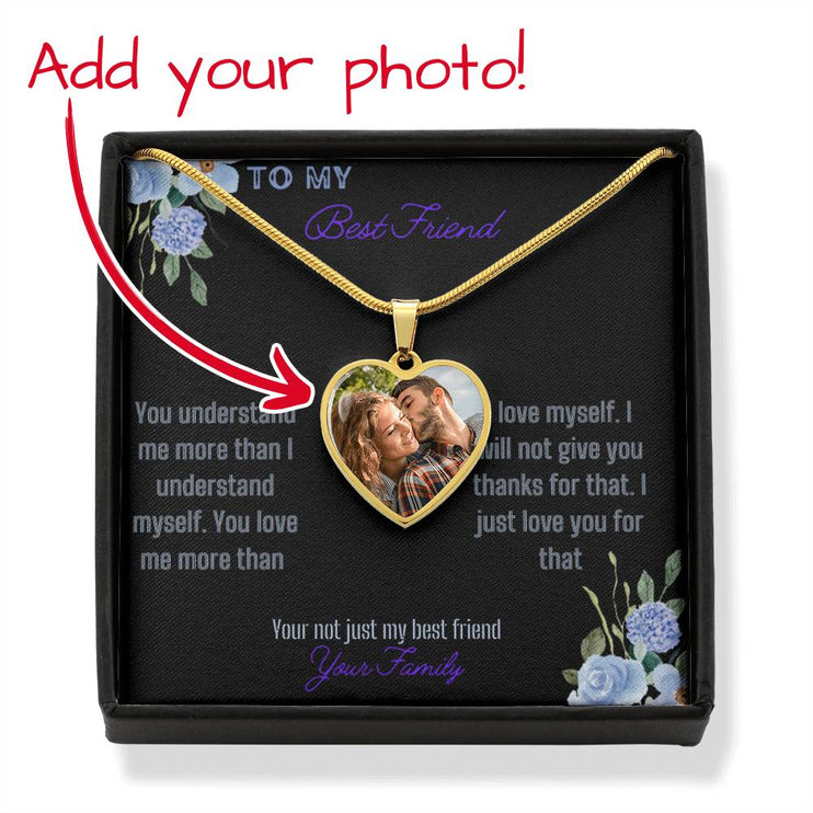 a yellow gold photo upload personalized heart pendant necklace in a two-tone box.