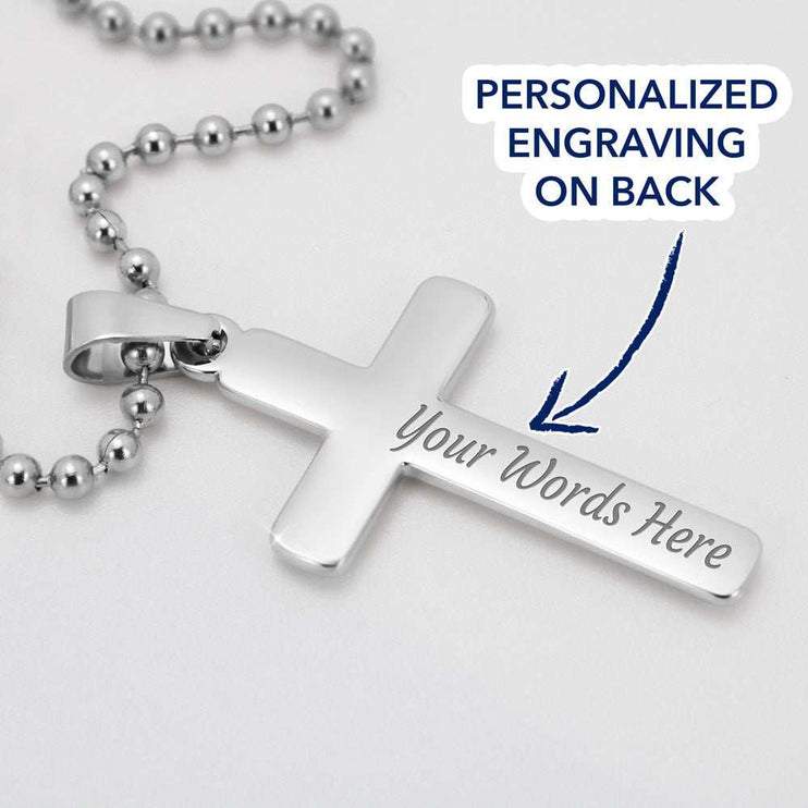 personalized cross on ball chain showing engraving on cross