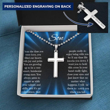 Personalized Cross Ball Chain Necklace with a polished stainless-steel cross and two-tone box angle 2