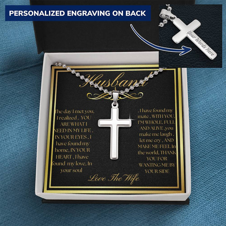 Personalized Cross Ball Chain Necklace with polished stainless-steel charm in a two-tone box angle 2