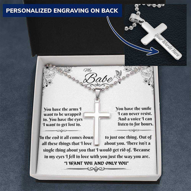 Personalized Cross on Ball Chain in soft box on blue cloth