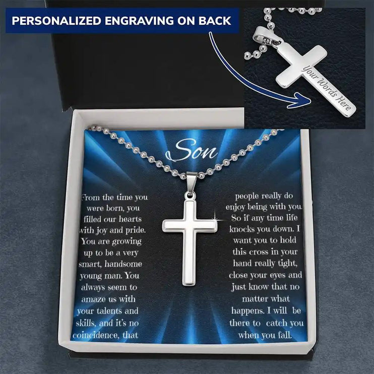 Personalized Cross Ball Chain Necklace with a polished stainless-steel cross and two-tone box angle 3