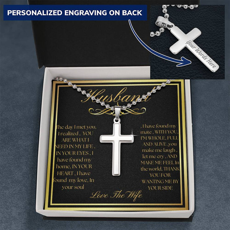 Personalized Cross Ball Chain Necklace with polished stainless-steel charm in a two-tone box angle 3