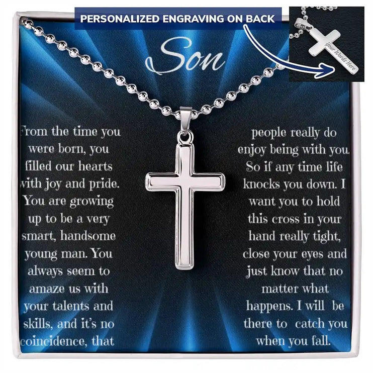 Personalized Cross Ball Chain Necklace with a polished stainless-steel cross and two-tone box angle 1