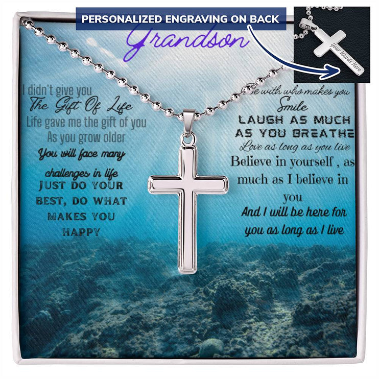 a personalized cross ball chain necklace up close