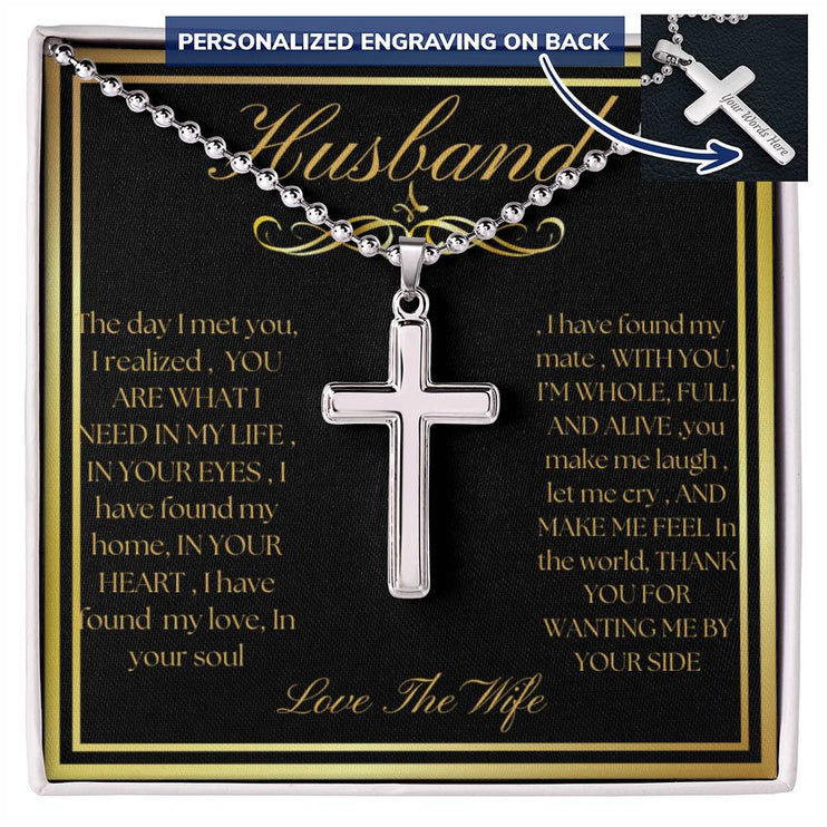 Personalized Cross Ball Chain Necklace with polished stainless-steel charm in a two-tone box angle 1