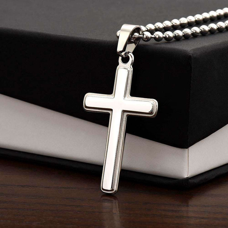 personalized cross on snake chain on top of soft box