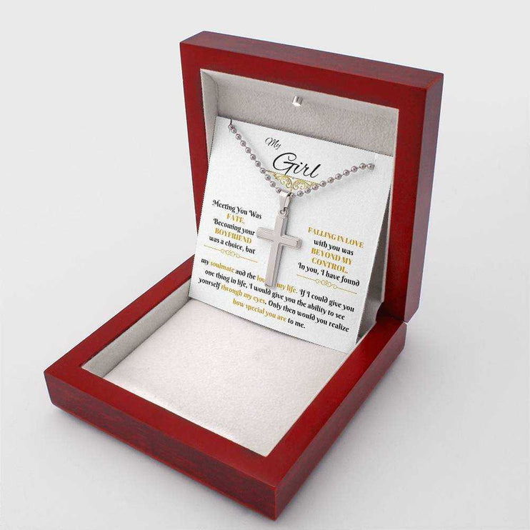 personalized cross on snake chain in luxury box with right angle