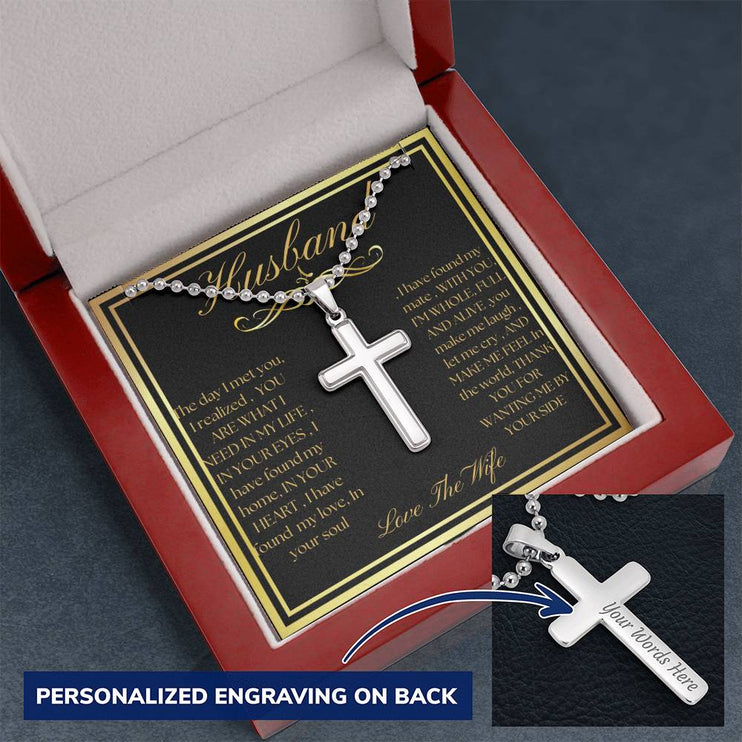 Personalized Cross Ball Chain Necklace with polished stainless-steel charm in a mahogany box angle 2