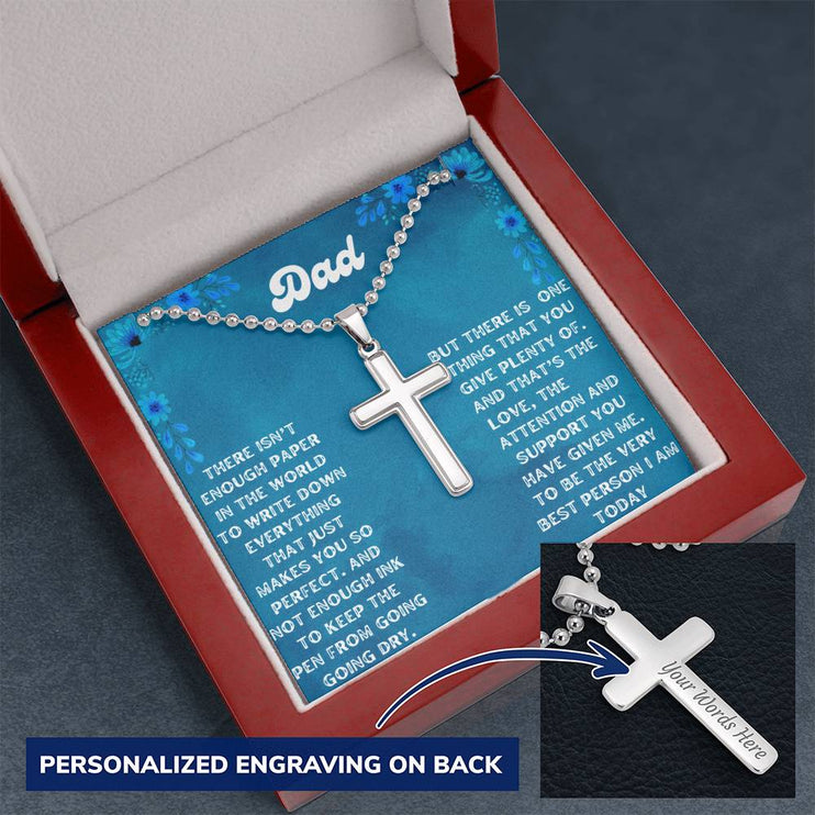 Personalized Cross Ball Chain Necklace with a polished stainless-steel finish and in a mahogany box with a LED light angle 2